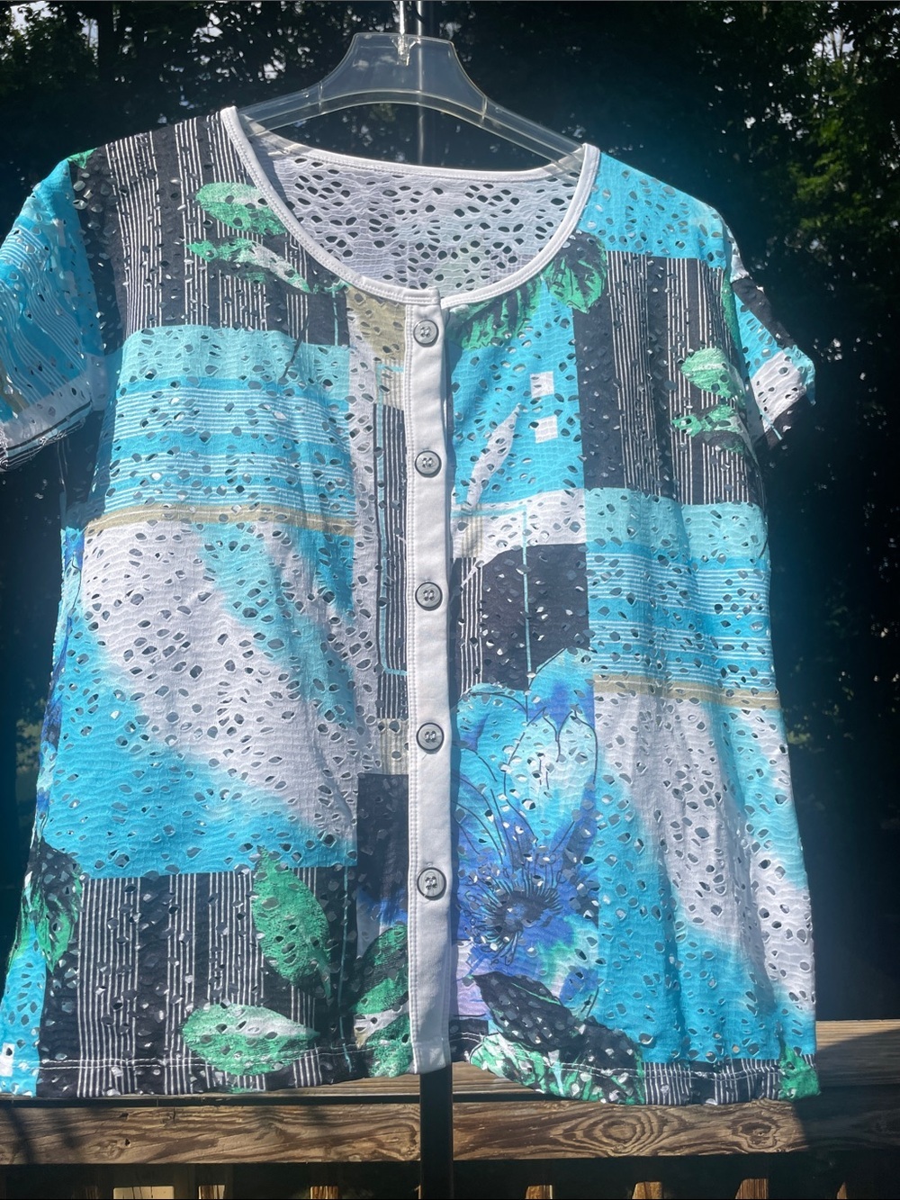 Eyelet Large Blue & White Floral  Button-Front Top/Shrug.